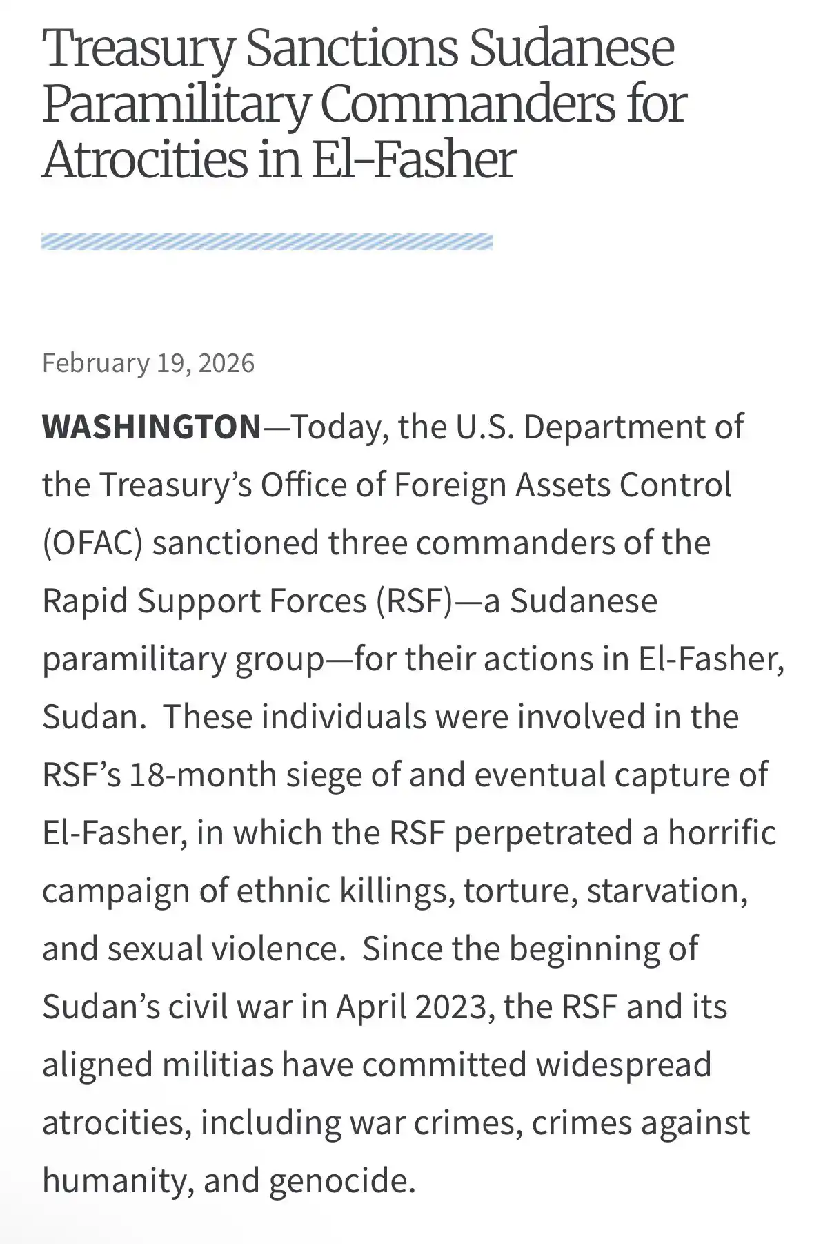 “الخزانة الأمريكية” تفرض عقوبات ثلاثة قيادات في الدعم السريع