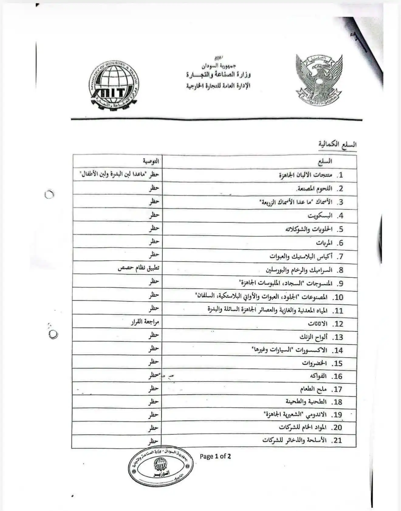 وزارة الصناعة والتجارة تبدأ تنفيذ حظر استيراد 34 سلعة كمالية وغير ضرورية اعتباراً من 10 مايو 2026.