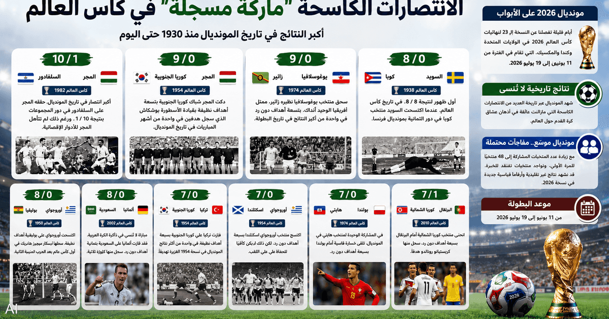 نتائج تاريخية في كأس العالم تتجاوز الـ7 أهداف