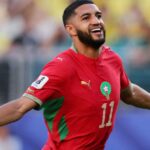 هدف صيباري يفتتح التسجيل لمنتخب المغرب في مواجهة البرازيل في كأس العالم.