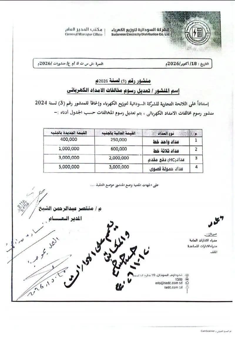 الشركة السودانية للكهرباء ترفع غرامات مخالفات الإمداد الكهربائي المعروفة بـالجبادات.